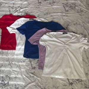 Women's V-Neck Short Sleeve Tops - Red, Blue, Purple, White + White puff sleeve